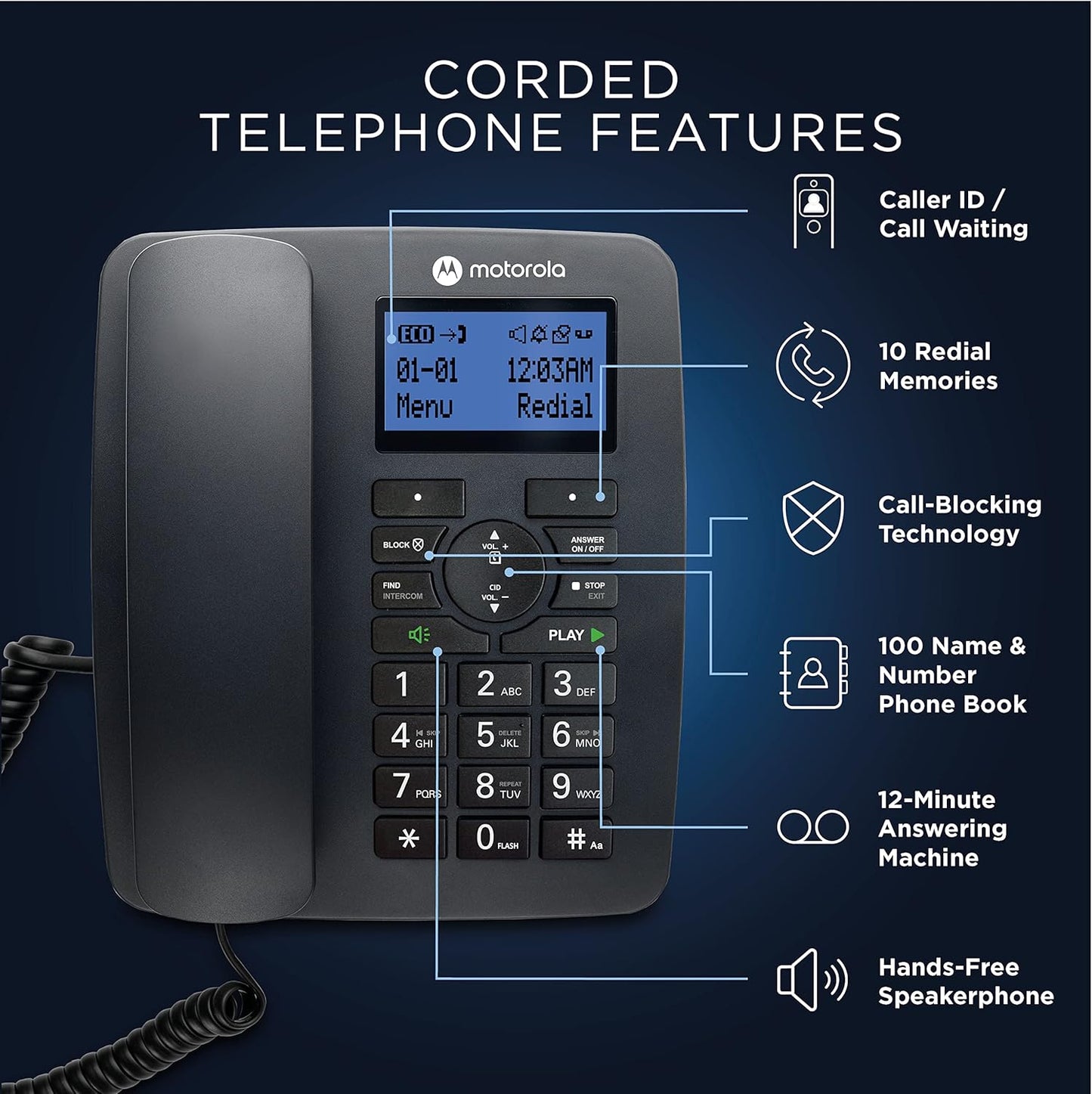 (Open Box) Motorola Voice C42 Corded and Cordless Phone System - 1 Corded + 3 Handsets, Answering Marchine - C4203