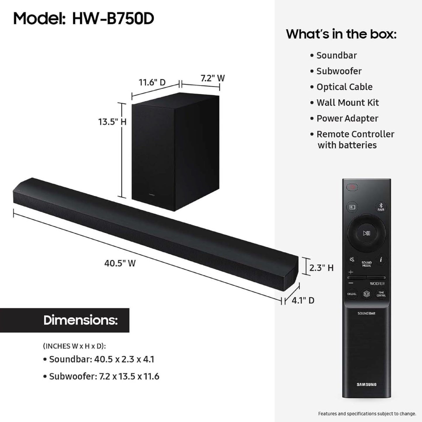Samsung HW-B750D/ZA 5.1 ch Soundbar w/Dolby Audio, Surround Sound Expansion, Wireless Subwoofer (2024)