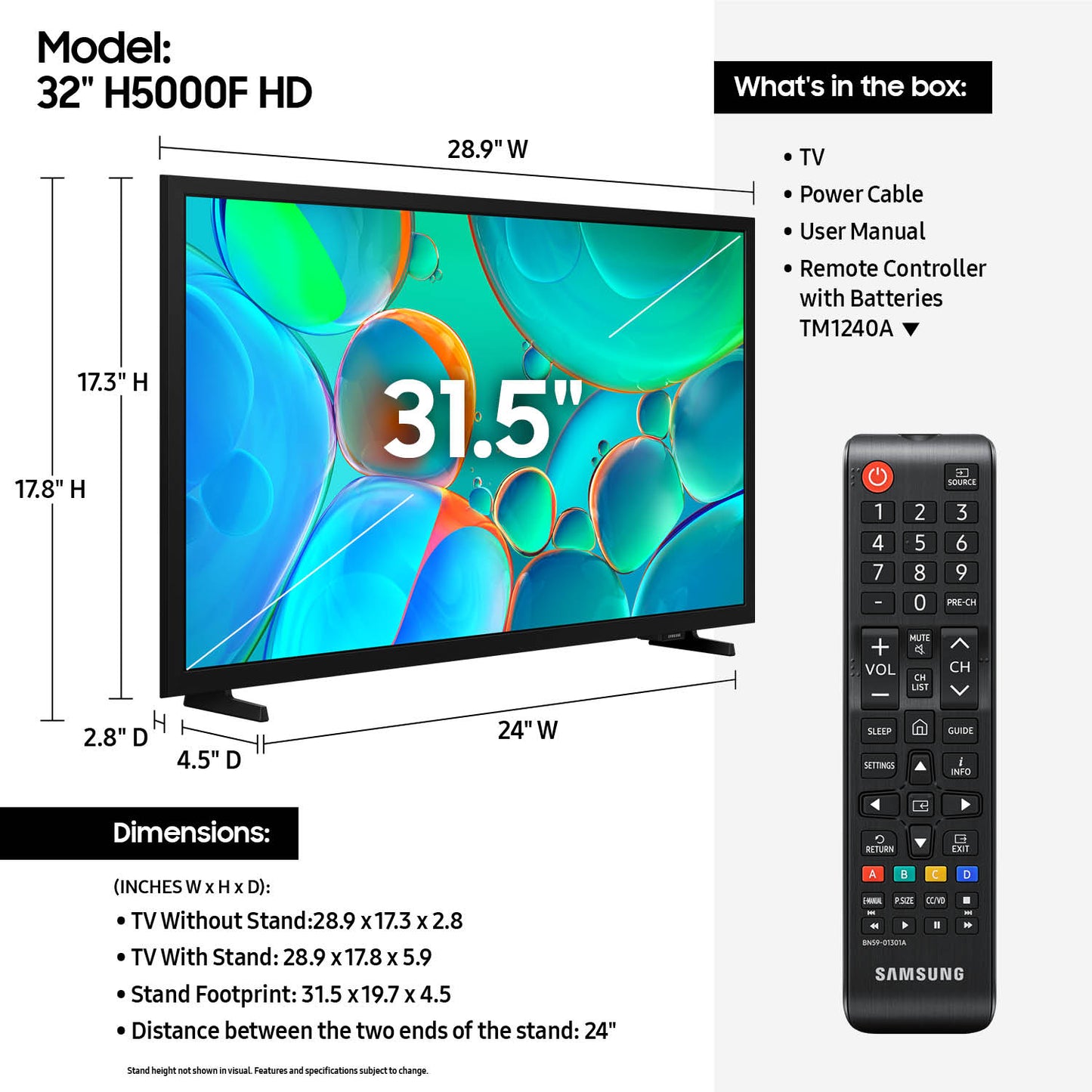 (Open Box) Samsung 32-in H5000 HD HDR LED TV - UN32H5000FFXZA (2025)