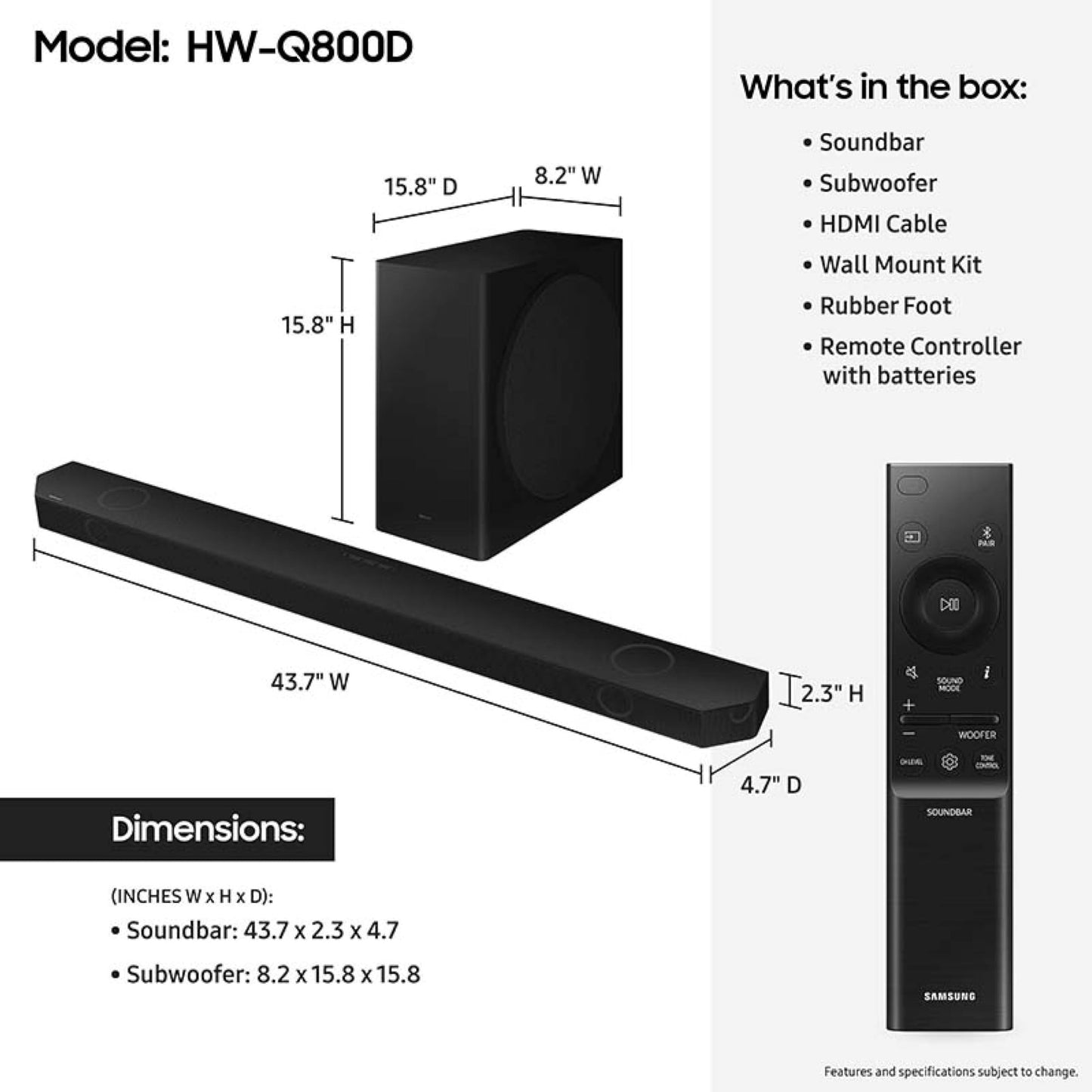 Samsung Q800D 5.1.2ch Soundbar w/Wireless Dolby Atmos Audio, HW-Q800D/ZA (2024)
