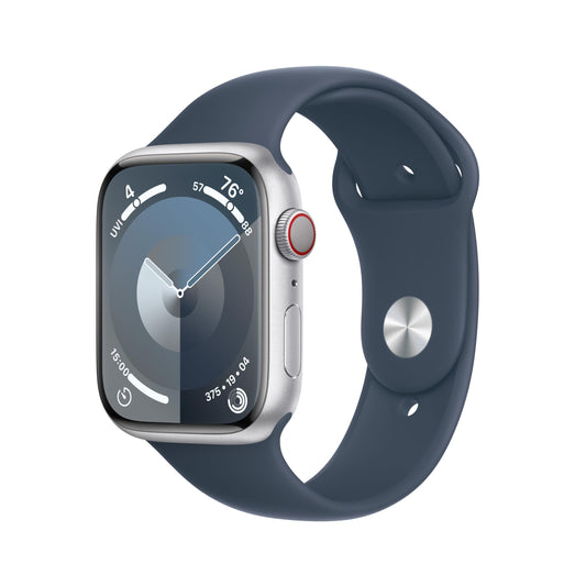 Apple Watch Series 9 GPS + Cellular 45mm Silver Aluminum Case with Storm Blue Sport Band - M/L (2024)