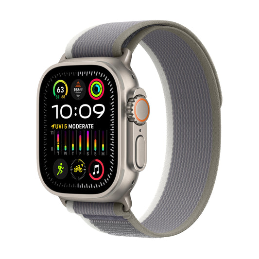 Apple Watch Ultra 2 GPS + Cellular, 49mm Titanium Case with Green/Gray Trail Loop - M/L - MRF43LL/A