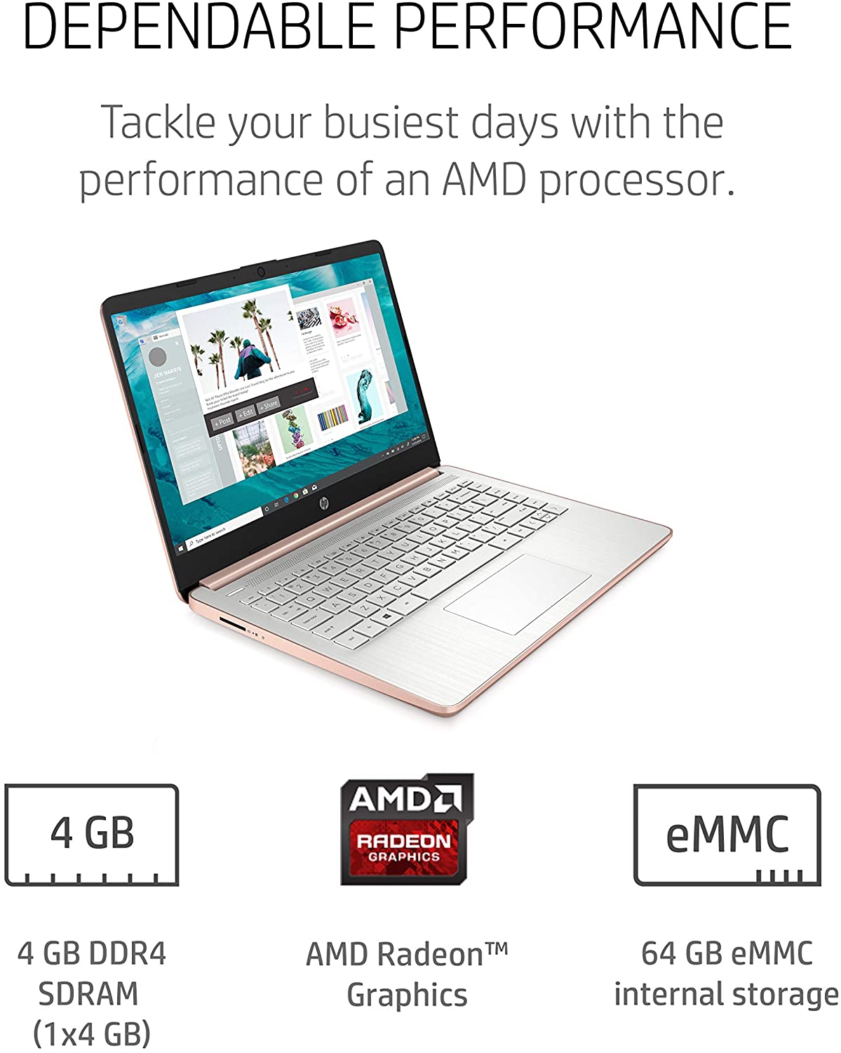 (Open Box) HP 14-fq0060nr 14" Touch 3020E 4GB RAM 64GB Windows 10 S w/ Office 365 Pale Rose Gold