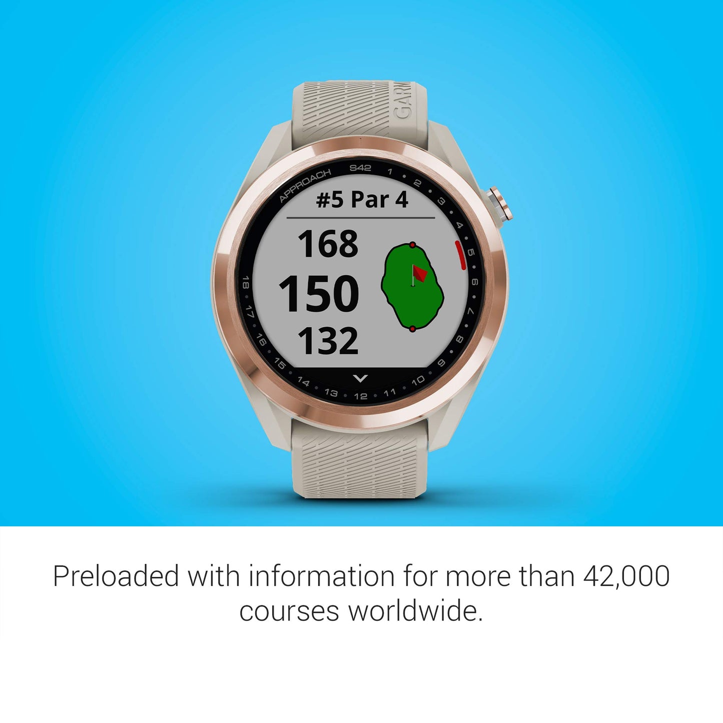 Garmin Approach S42, GPS Golf Smartwatch, Rose Gold Ceramic Bezel and Tan Silicone Band, 010-02572-12