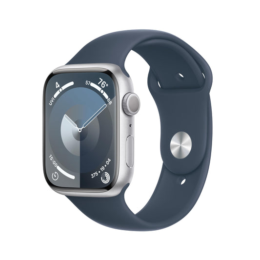 Apple Watch Series 9 GPS 45mm Silver Aluminum Case with Storm Blue Sport Band - S/M (2023)