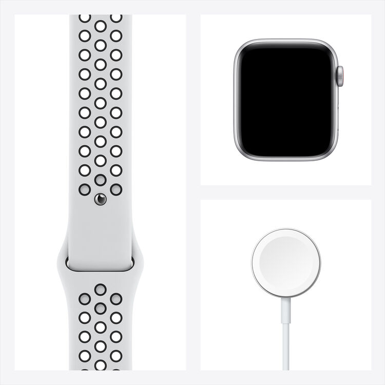 Apple Watch Nike SE GPS + Cellular, 44mm Silver Aluminum with Pure Platinum/Black Nike Sport Band