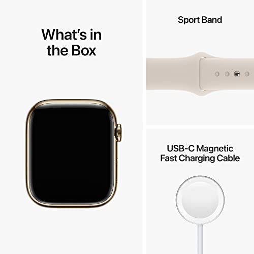Apple Watch Series 8 GPS + Cellular 45mm Gold Stainless Steel Case w Starlight Sport Band - S/M (2022)