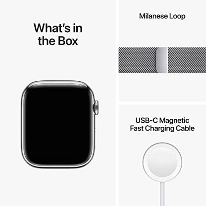 Apple Watch Series 8 GPS + Cellular 45mm Silver Stainless Steel Case w Silver Milanese Loop (2022)