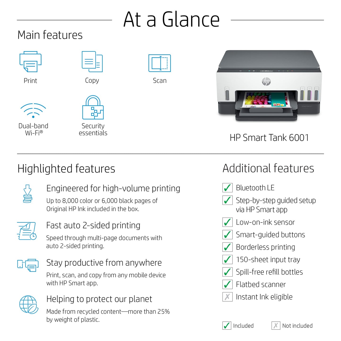 HP Smart -Tank 6001 Wireless Cartridge-Free All-in-One Tank Printer, Scanner, Copier - 2H0B9A#B1H