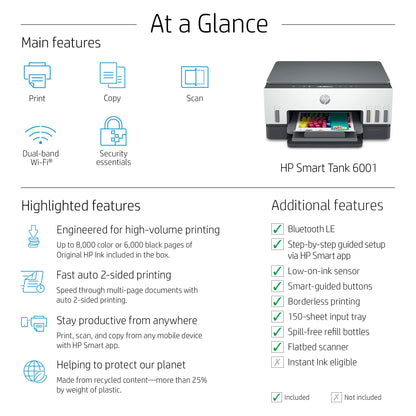 HP Smart -Tank 6001 Wireless Cartridge-Free All-in-One Tank Printer, Scanner, Copier - 2H0B9A#B1H