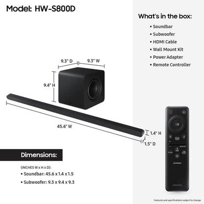 Samsung S800D 3.1.2ch Soundbar w/Wireless Dolby Atmos Audio, Ultra Slim Design, HW-S800D/ZA (2024)