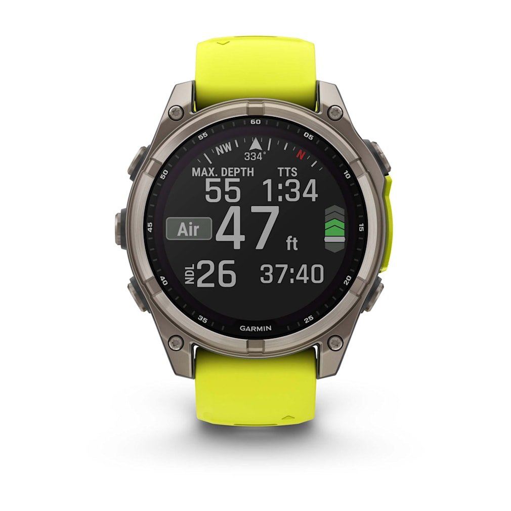 Garmin fenix 8 51mm Adventure Watch - Solar Sapphire, Titanium with Amp Yellow/Graphite Silicone Band