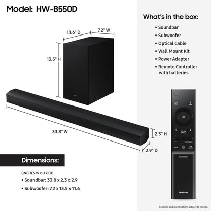 Samsung B550D 3.1ch Soundbar w/DTS Virtual:X, Built-in Center Speaker, Subwoofer, HW-B550D/ZA (2024)