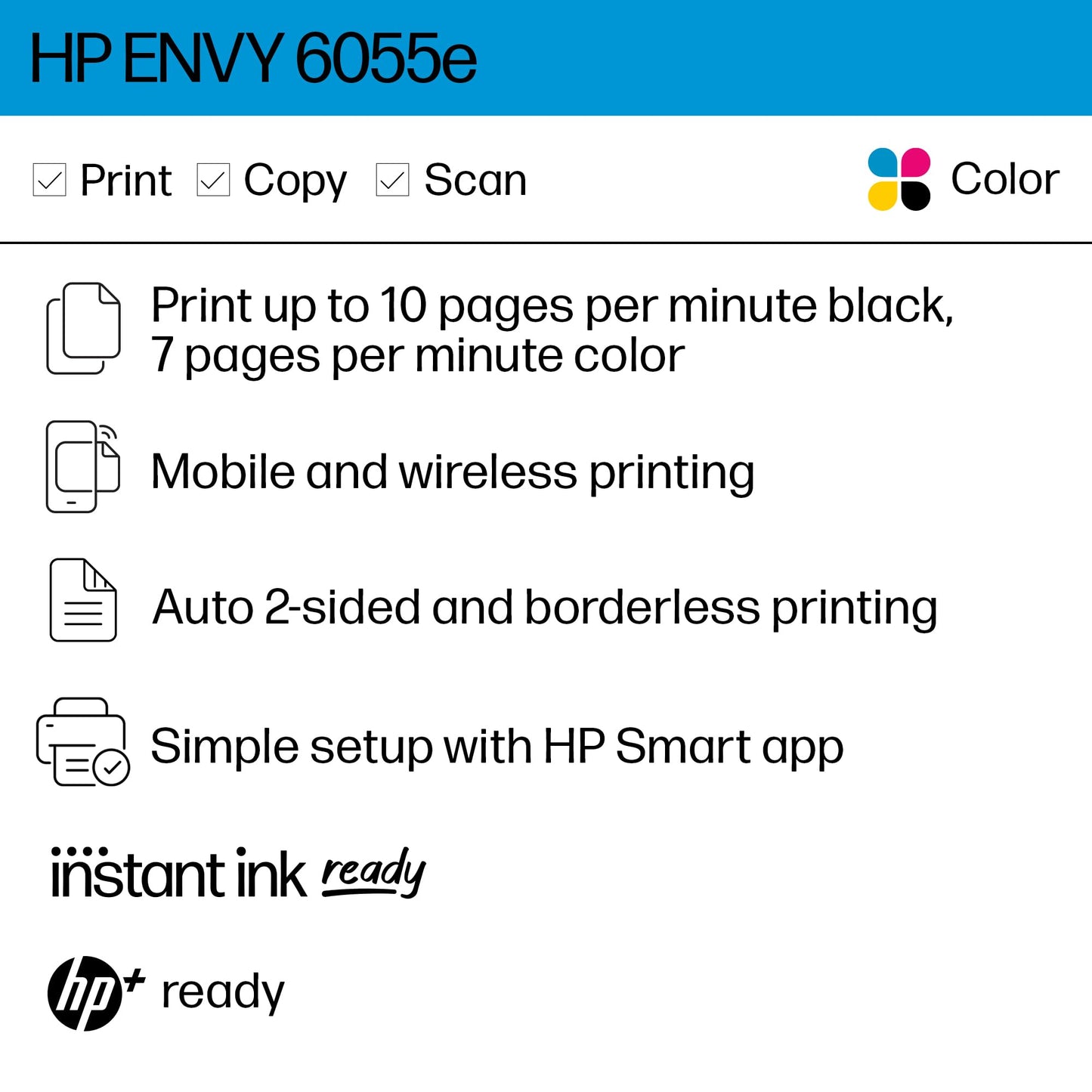 HP ENVY 6055e Wireless Color Inkjet Printer, Scanner, Copier - 223N1A#B1H