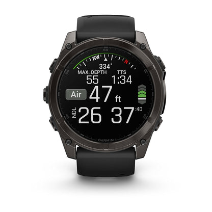 Garmin fenix 8 51mm Adventure Watch - AMOLED Sapphire, Carbon Gray DLC Titanium with Black/Pebble Gray Silicone Band