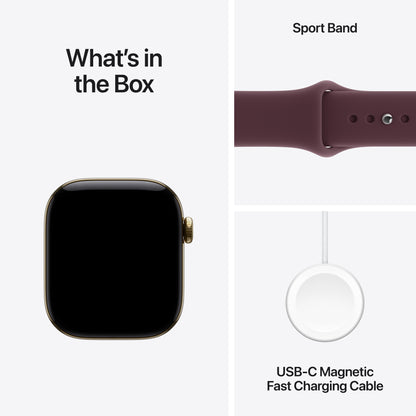 Apple Watch Series 12 GPS + Cellular 42mm Radiant Gold Titanium Case with Burgundy Sport Band - S/M - MJGJ4LS/A (2026)