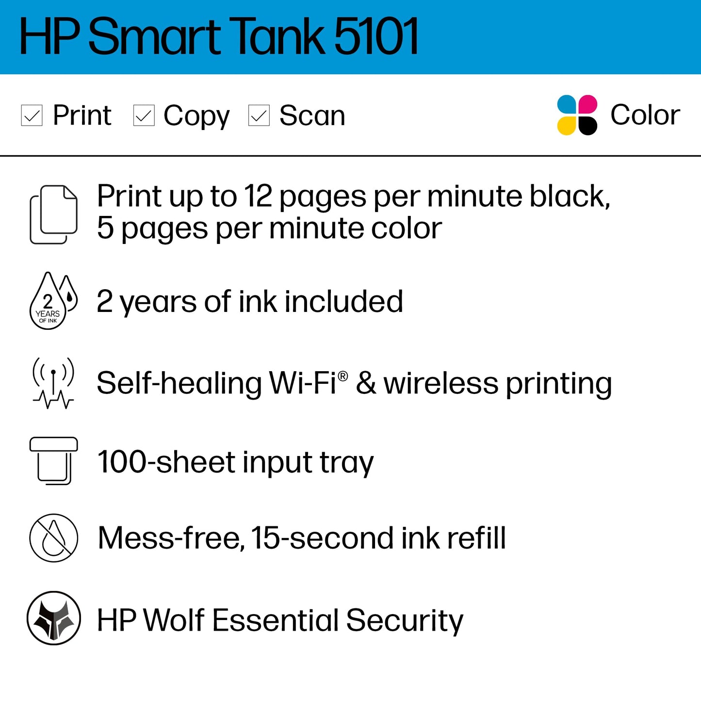 HP Smart Tank 5101 Wireless All-in-One Ink Tank Printer, Scanner, Copier - 1F3Y0A#B1H