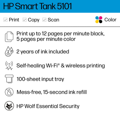 HP Smart Tank 5101 Wireless All-in-One Ink Tank Printer, Scanner, Copier - 1F3Y0A#B1H