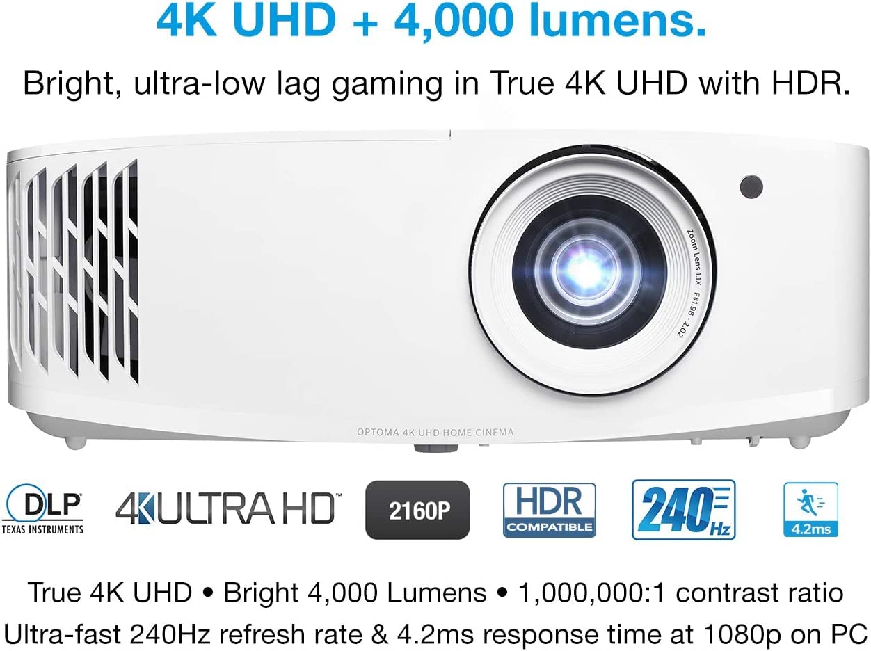 Optoma UHD38x Bright, True 4K UHD Gaming Projector, 4000 Lumens, 4.2ms Response, 1080p, 4K