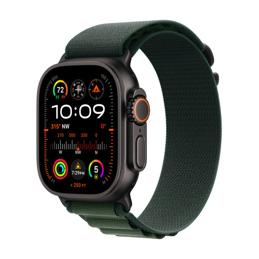 Apple Watch Ultra 2 GPS + Cellular 49mm Black Titanium Case with Dark Green Alpine Loop - Small - MX4Q3LW/A (2024)