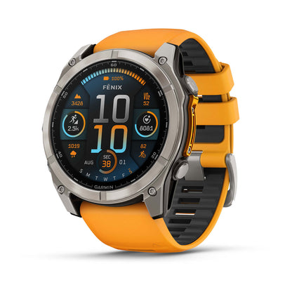 Garmin fenix 8 51mm Adventure Watch - AMOLED Sapphire, Titanium with Spark Orange/Graphite Silicone Band