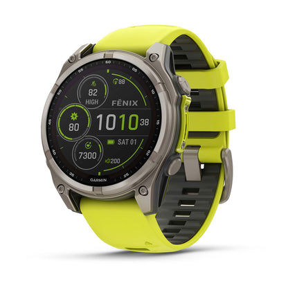 Garmin fenix 8 47mm Adventure Watch - Solar Sapphire, Titanium with Amp Yellow/Graphite Silicone Band