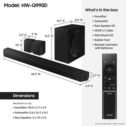 Samsung Q990D 11.1.4ch Soundbar w/Wireless Dolby Atmos Audio, Rear Speaker Included, HW-Q990D/ZA (2024)