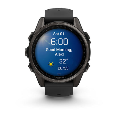 Garmin fenix 8 43mm Adventure Watch - AMOLED Sapphire, Carbon Gray DLC Titanium with Black/Pebble Gray Silicone Band