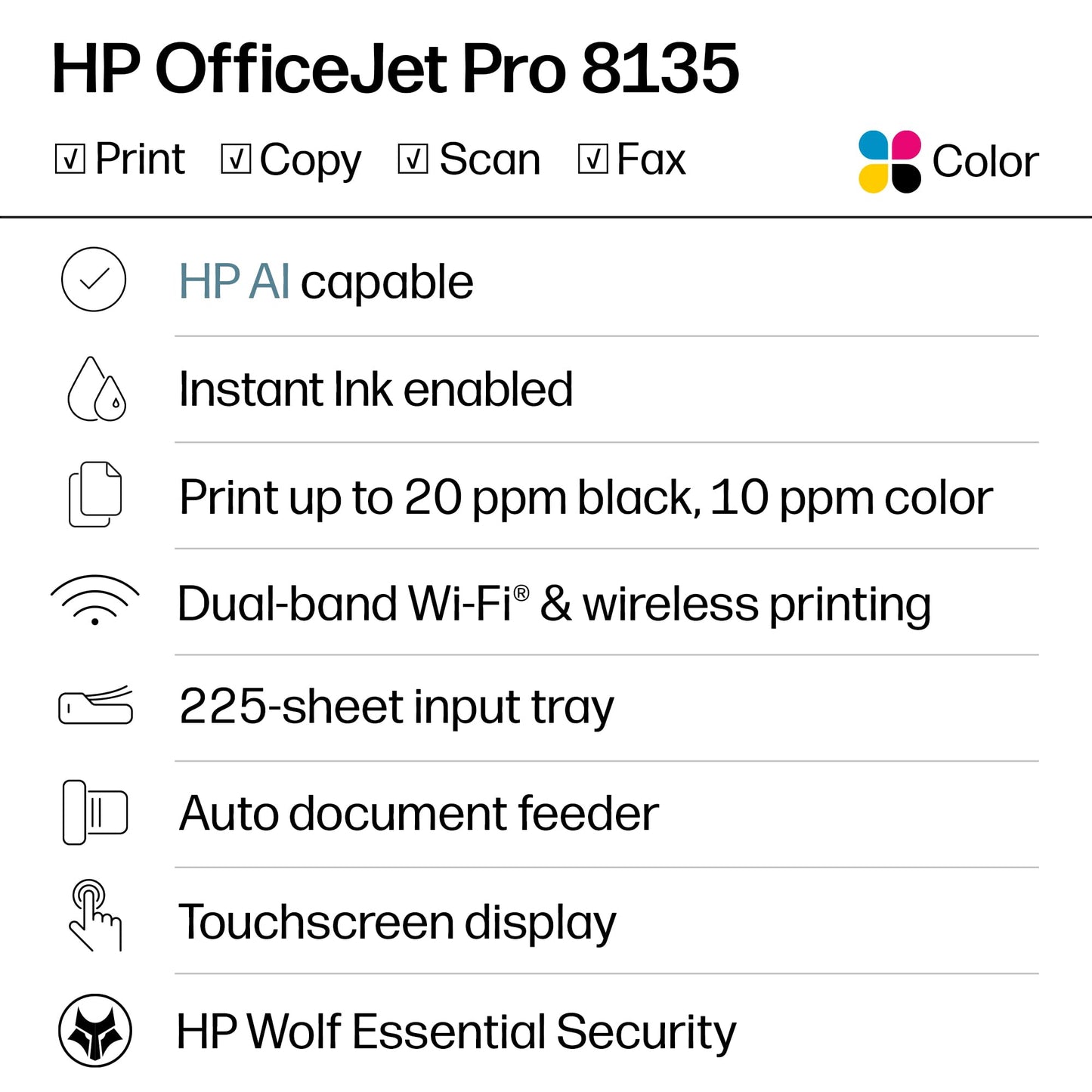 HP OfficeJet Pro 8135 Wireless All-in-One Color Inkjet Printer, Print, Scan, Copy, Fax, ADF, Duplex Printing - C2VK1A#B1H