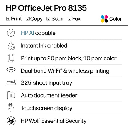 HP OfficeJet Pro 8135 Wireless All-in-One Color Inkjet Printer, Print, Scan, Copy, Fax, ADF, Duplex Printing - C2VK1A#B1H