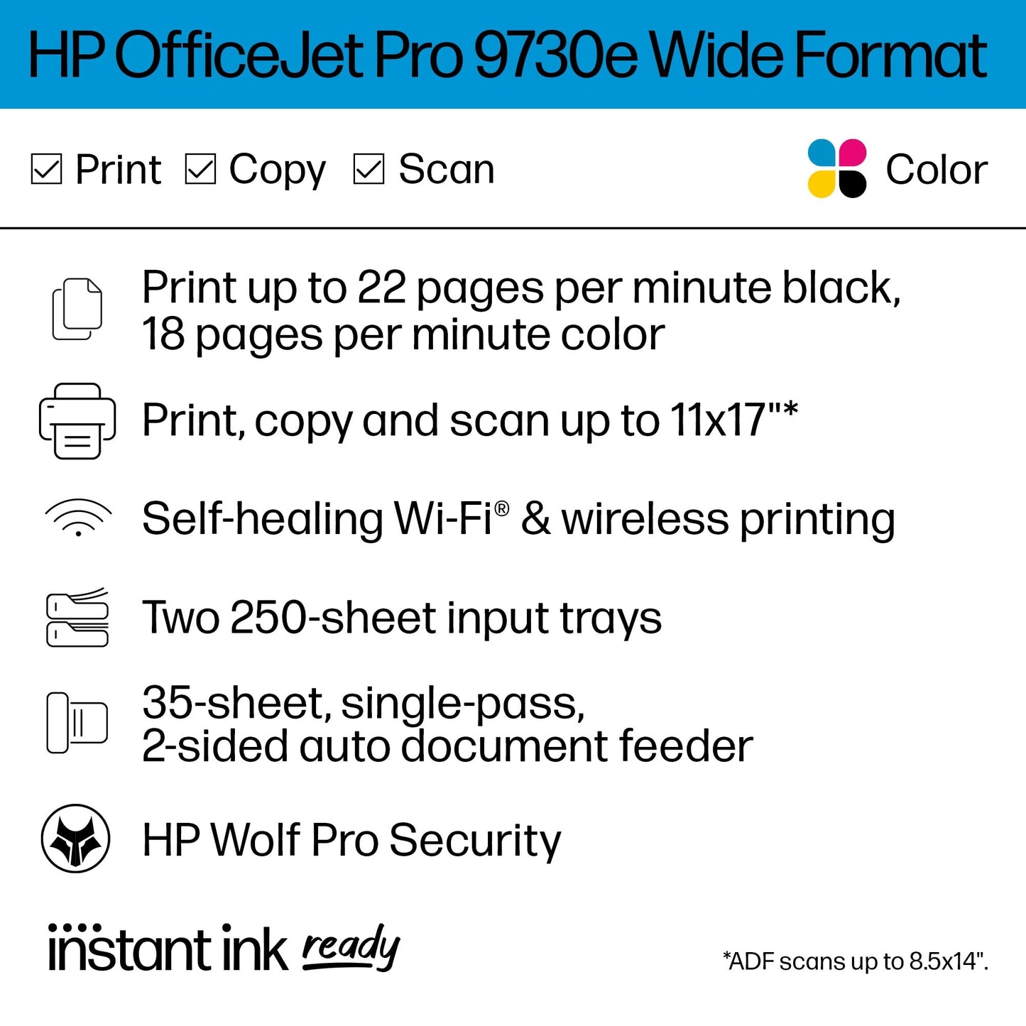 HP OfficeJet Pro 9730e Wide Format Wireless All-in-One Color Inkjet Printer