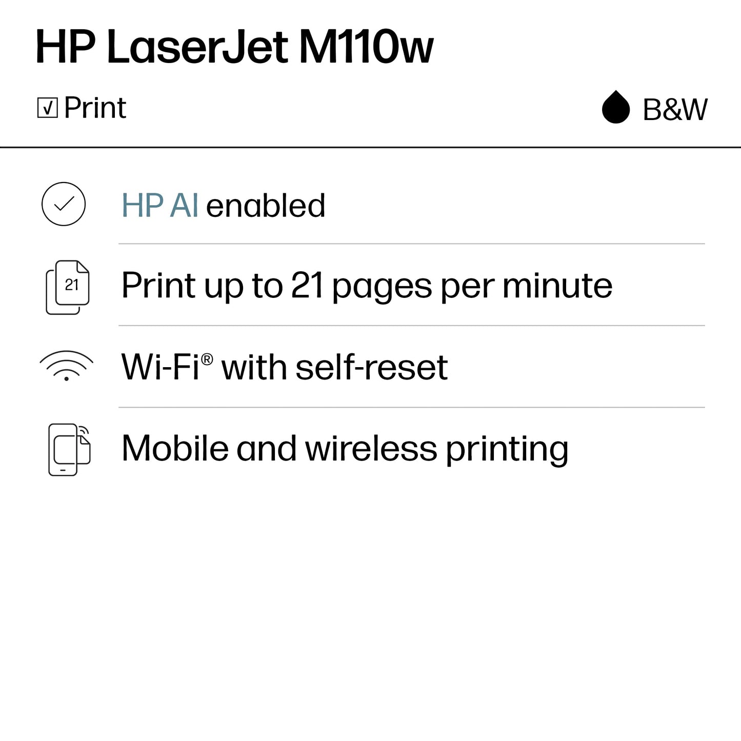 HP LaserJet M110w Wireless Black & White Printer, Mobile Printing - 7MD66F#BGJ
