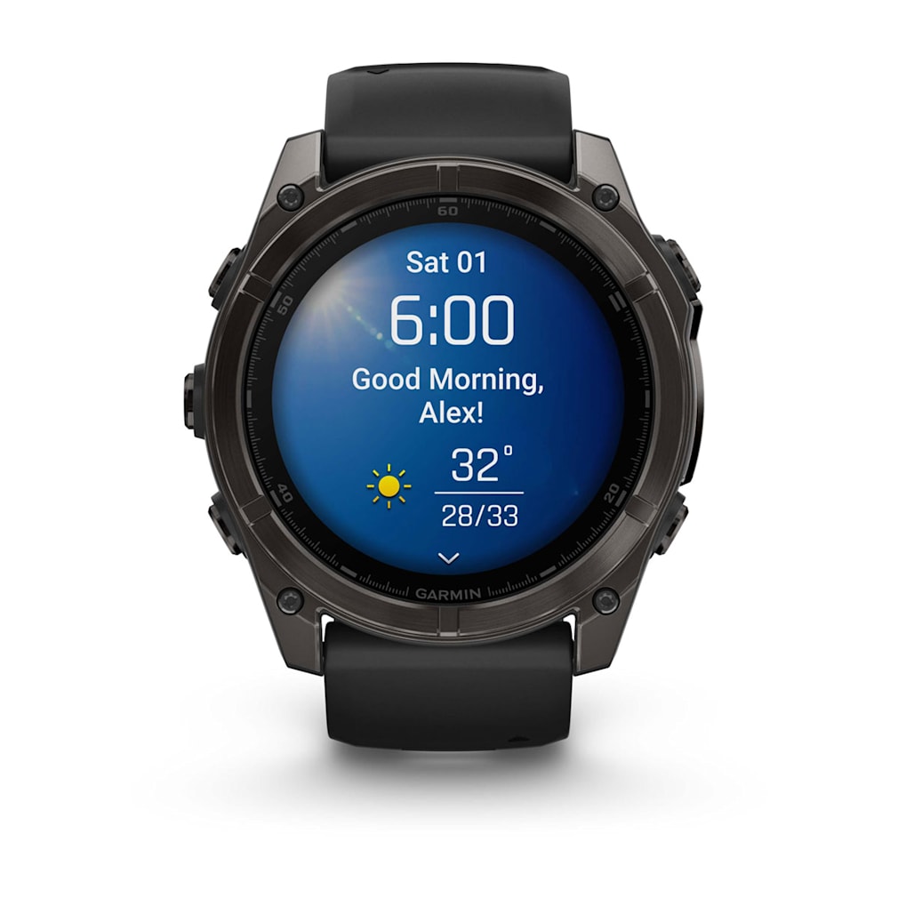 Garmin fenix 8 51mm Adventure Watch - AMOLED Sapphire, Carbon Gray DLC Titanium with Black/Pebble Gray Silicone Band