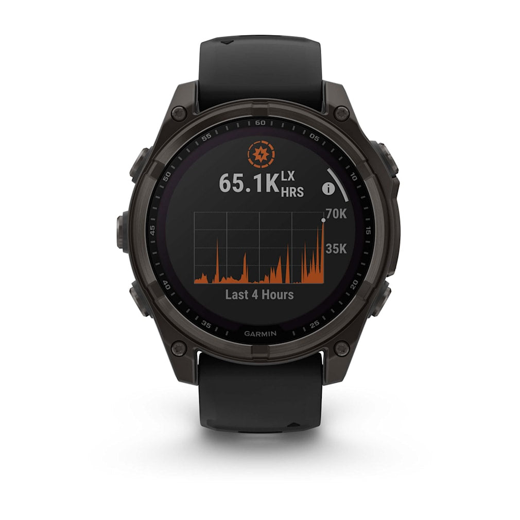 Garmin fenix 8 47mm Adventure Watch - Solar Sapphire, Carbon Gray DLC Titanium with Black/Pebble Gray Silicone Band