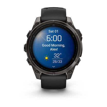 Garmin fenix 8 47mm Adventure Watch - AMOLED Carbon Gray DLC Titanium with Black/Pebble Gray Silicone Band