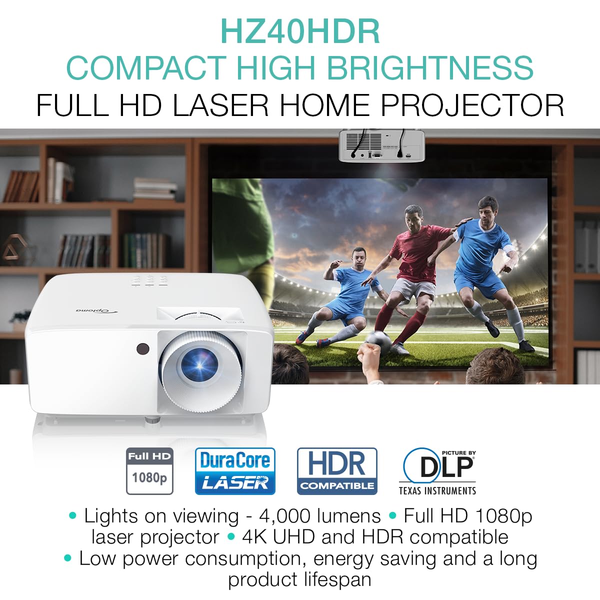 Optoma HZ40HDR Compact Long Throw Laser Home Theater and Gaming Projector, 1080p, 4K, 4000 Lumens