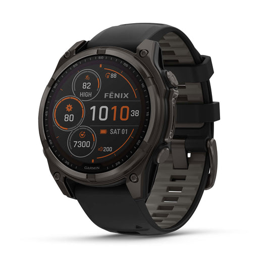 Garmin fenix 8 47mm Adventure Watch - Solar Sapphire, Carbon Gray DLC Titanium with Black/Pebble Gray Silicone Band