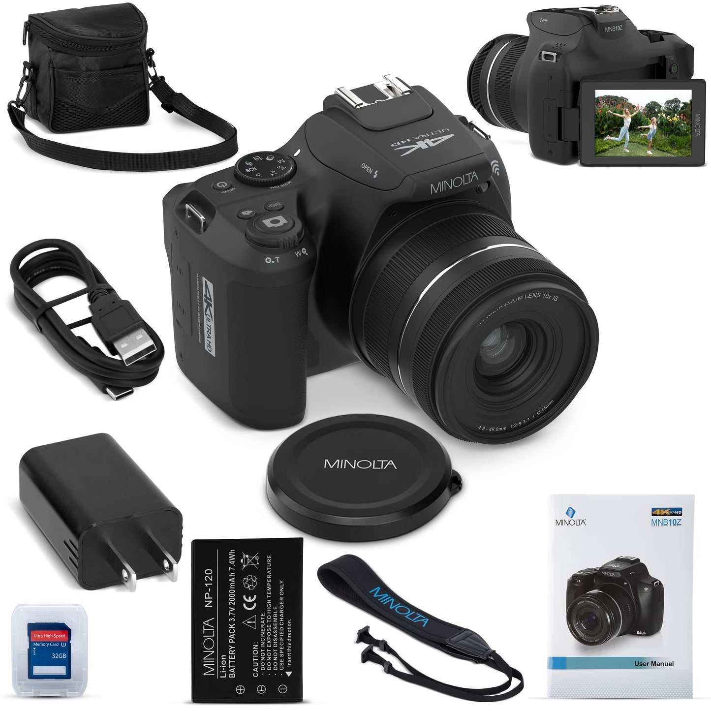Minolta MNB10Z 64 MP / 4K Ultra HD Bridge Digital Camera w/10x Optical Zoom (Black)
