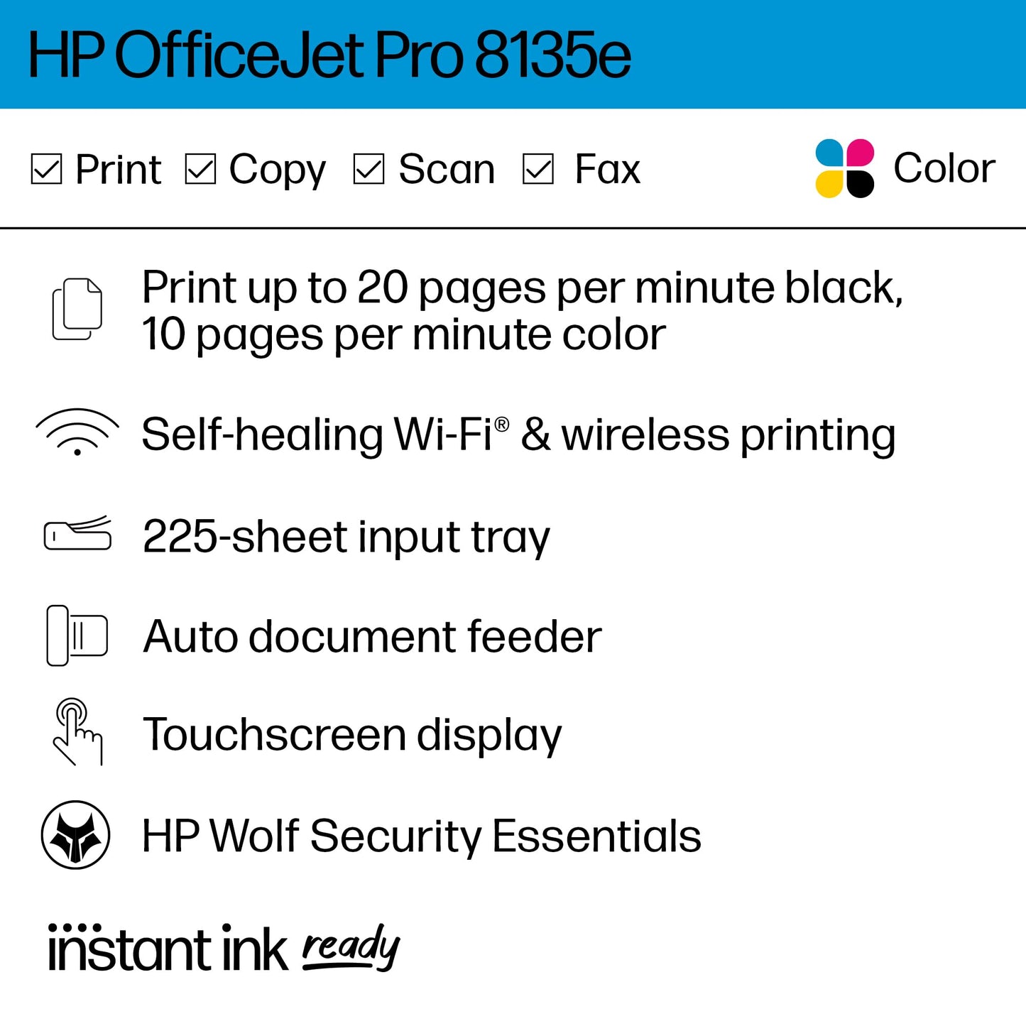 HP OfficeJet Pro 8135e All-in-One Color Printer, Copier, Scanner, Fax - 40Q35A#B1H