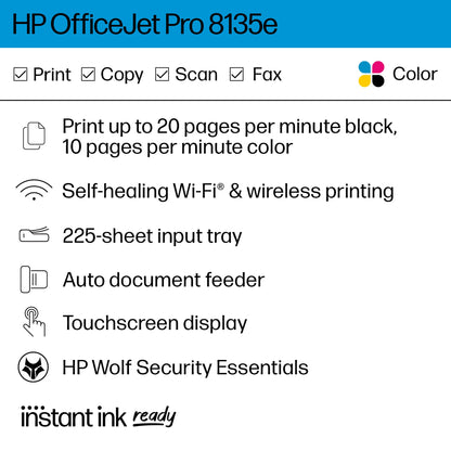 HP OfficeJet Pro 8135e All-in-One Color Printer, Copier, Scanner, Fax - 40Q35A#B1H