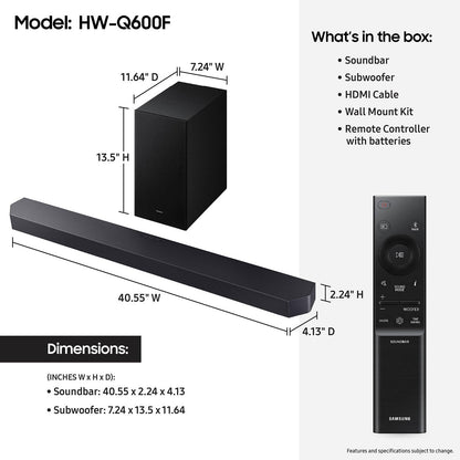 Samsung HW-Q600F 3.1.2 Channel Soundbar, 380W Dolby ATMOS 5.1ch (2025)