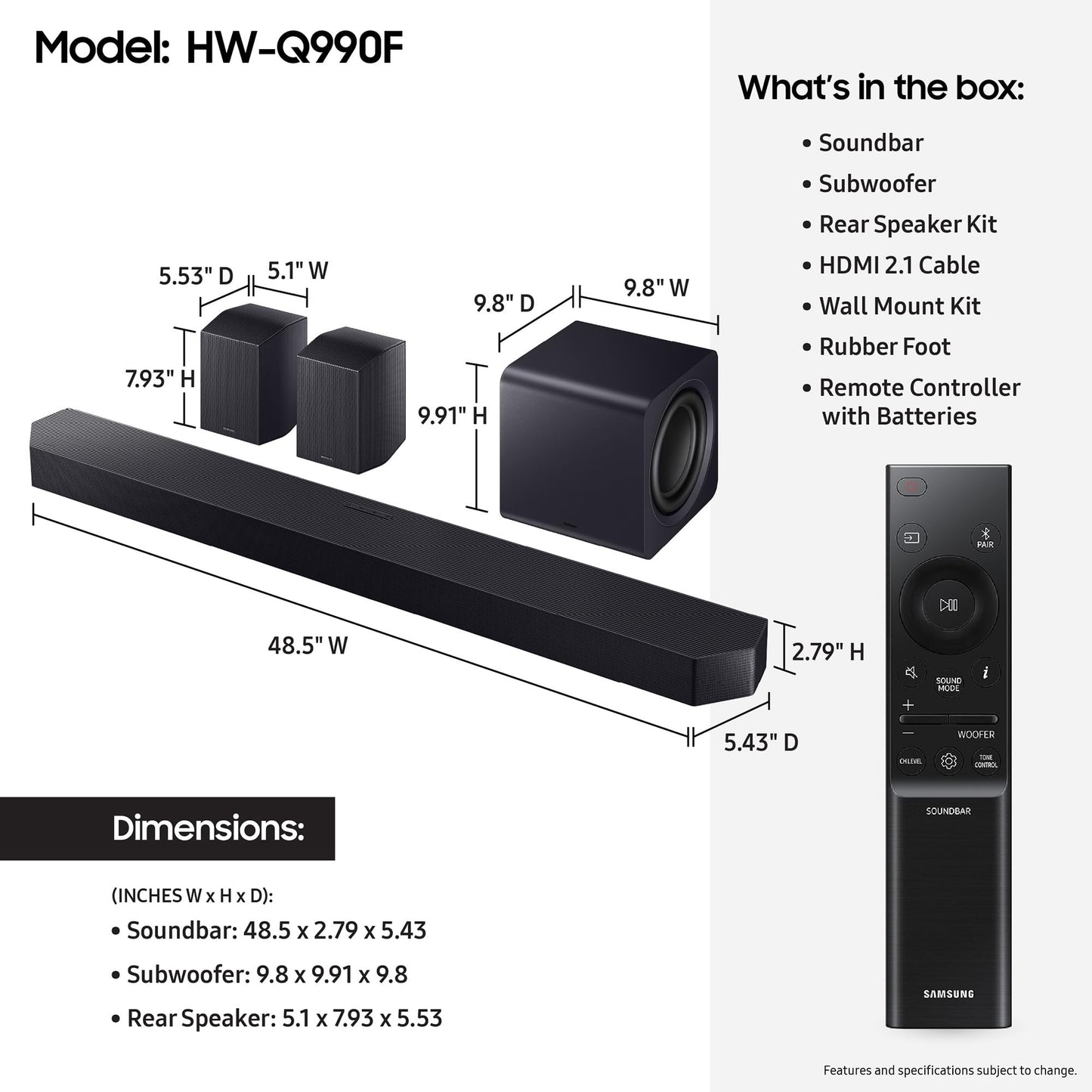 (Open Box) Samsung HW-Q990F 11.1.4 Channel Soundbar, 756W Dolby ATMOS 5.1ch (2025)