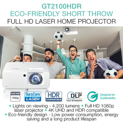 Optoma GT2100HDR Compact Short Throw Laser Home Theater and Gaming Projector, 1080p, 4K