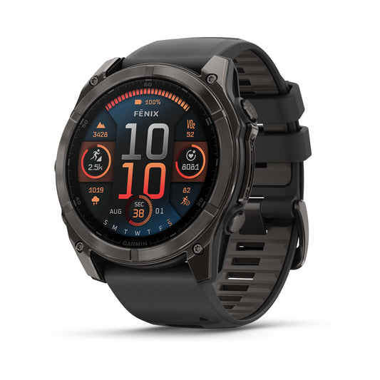 Garmin fenix 8 51mm Adventure Watch - AMOLED Sapphire, Carbon Gray DLC Titanium with Black/Pebble Gray Silicone Band