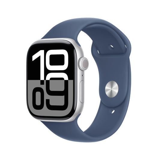 Apple Watch Series 10 GPS + Cellular 46mm Silver Aluminum Case with Denim Sport Band - S/M - MWY03LW/A (2024)