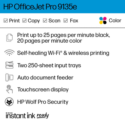 HP OfficeJet Pro 9135e All-in-One Printer, Copier, Scanner, Fax, Wireless, 2 Sided Print/Scan - 404M0A#B1H