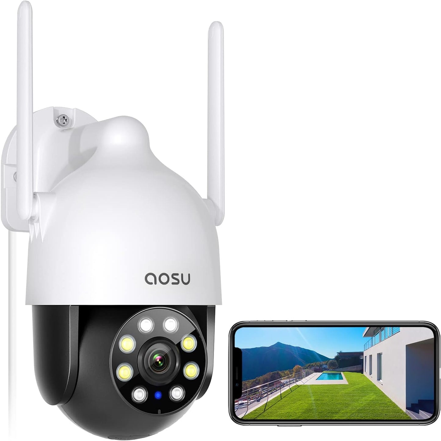 AOSU 2K Security Cameras Outdoor/Home, 360°Pan-Tilt View Timed Cruise 2.4G WiFi Security Camera with Motion Tracking, Spotlight & Siren, 2-Way Audio, Full Color Night Vision, Waterproof