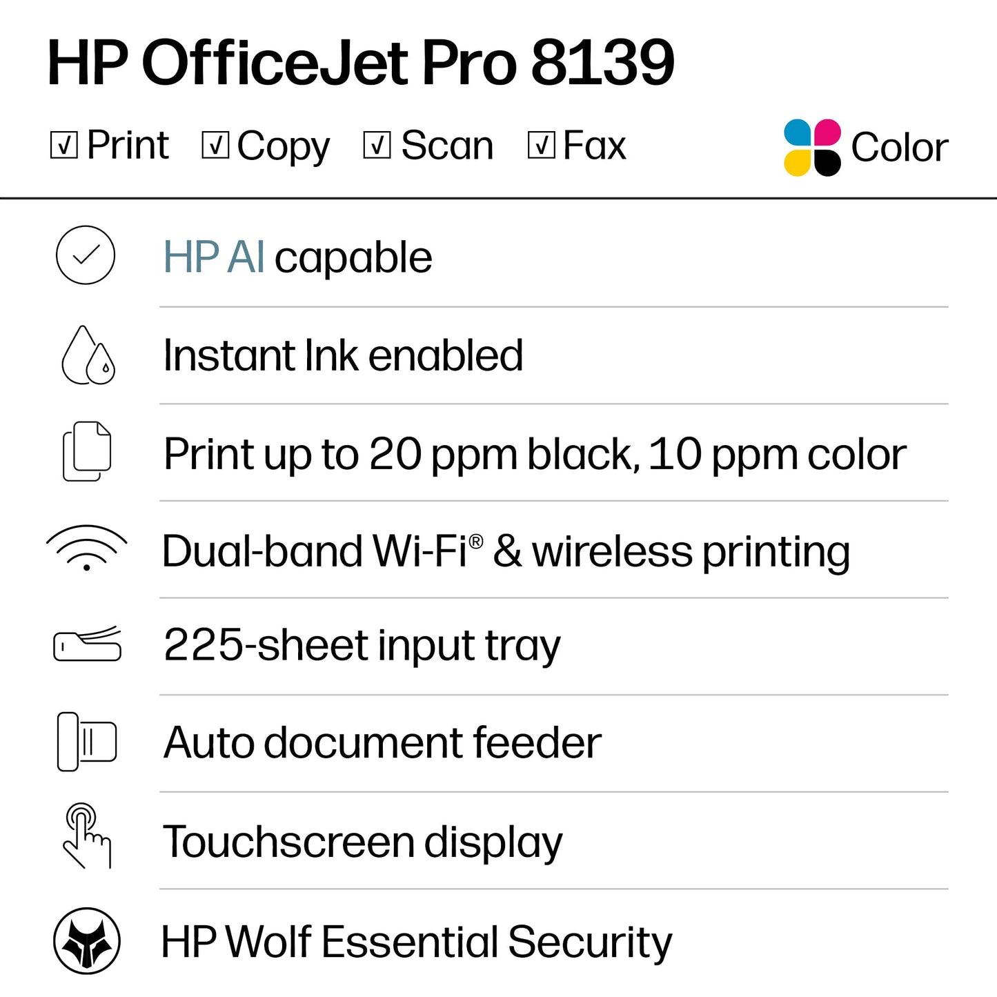 HP OfficeJet Pro 8139 Wireless All-in-One Color Inkjet Printer, Print, Scan, Copy, Fax, ADF, Duplex Printing - C2VK3A#B1H
