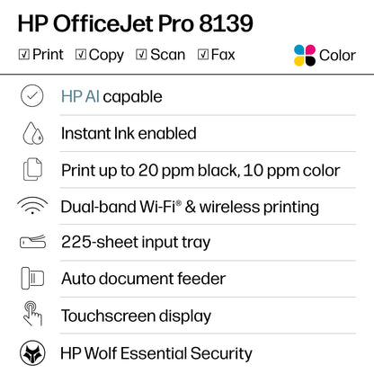 HP OfficeJet Pro 8139 Wireless All-in-One Color Inkjet Printer, Print, Scan, Copy, Fax, ADF, Duplex Printing - C2VK3A#B1H
