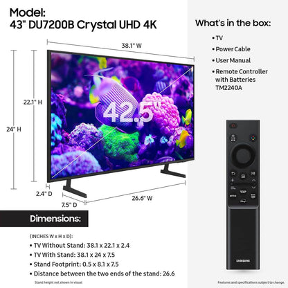 Samsung 43-in DU7200 Crystal UHD Smart TV - UN43DU7200FXZA (2024)